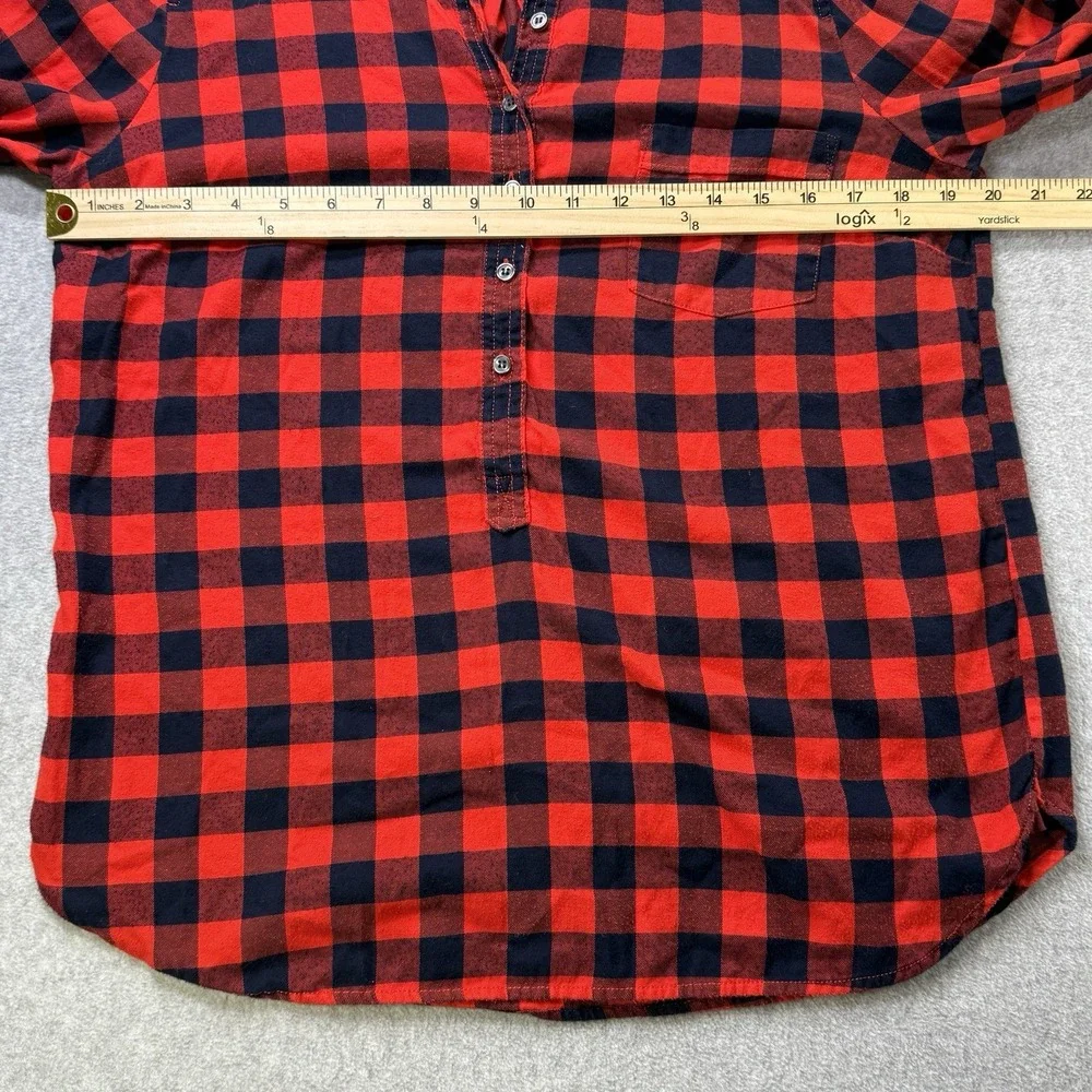 J‎ Crew Womens M Red Black Buffalo Plaid Flannel Collared 1/2 Button Shirt Top